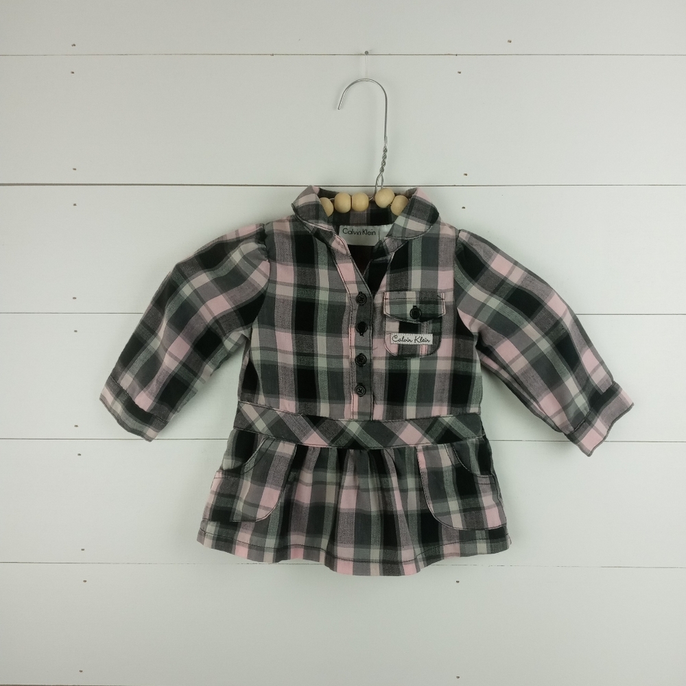 Calvin Klein girls 3-6 mos light pink with gray plaid long sleeve ruffle dress